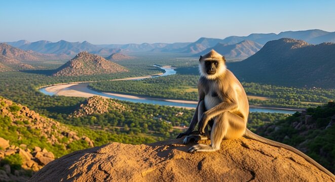 A monkey with a black face or snout sits on top of a mountain in India, Hampi, on Mount Hanuman