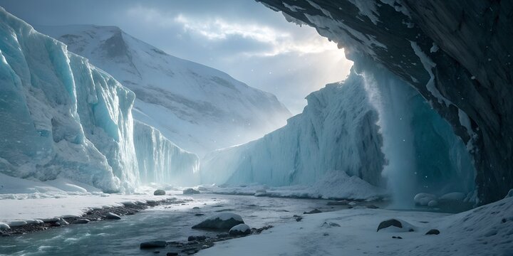 Glacial river flows through stunning ice cave with majestic mountains and brilliant sunlight illuminating landscape