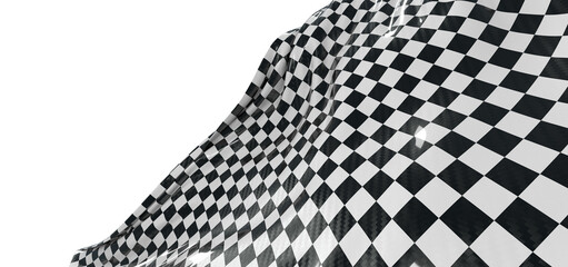 Dynamic image of a checkered flag waving against a white backdrop. Ideal for racing, speed, victory, and competition the