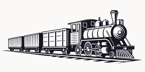 A detailed illustration of a steam locomotive pulling a train of freight cars. © AX