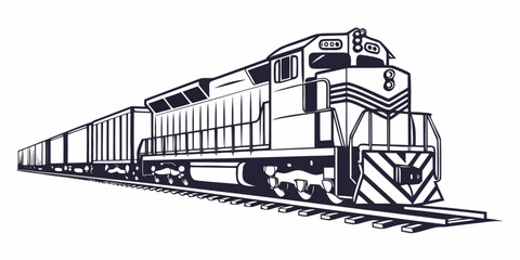 A detailed black and white illustration of a train traveling on a track © AX