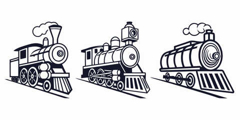 Three vintage steam locomotives illustrated in a classic black and white line art style. © AX