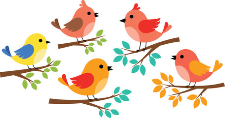 Fototapeta premium Cute Cartoon Birds on Tree Branches with Colorful Songbirds and Leaves Flat Vector Illustration Collection.