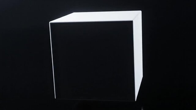 A minimalist white cube with sharp edges sits on a reflective dark surface, illuminated by soft