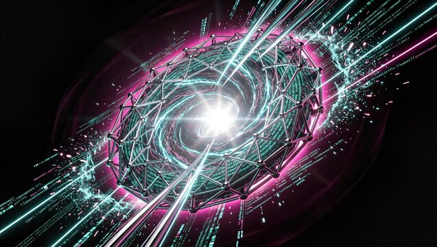Dynamic swirling vortex of holographic data streams and glitching pixel clouds
