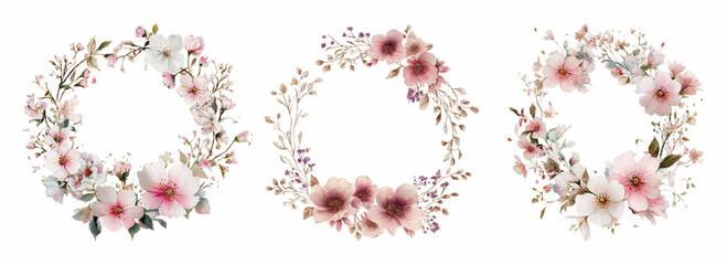 Celebrating spring with three delicate watercolor floral wreaths, creating elegant design elements for cards, invitations, and wedding themes, showcasing pink and white blossoms © Narin
