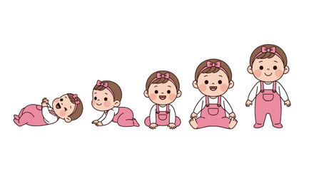 Cute baby girl milestone set, crawling sitting standing toddler stages, pastel cartoon infant vector illustration isolated background