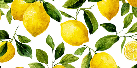 Fototapeta premium Hand drawn watercolor lemons with green leaves creating a vibrant, fresh, and organic seamless pattern, illustrating healthy eating, natural ingredients, and summer zest