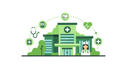 Fototapeta premium Modern Hospital & Healthcare Services: Digital Illustration with Nurse & Medical Icons for Wellness & Clinic Support
