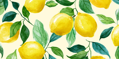 Watercolor seamless pattern featuring vibrant yellow lemons with fresh green leaves, creating a bright botanical design ideal for summer textiles, packaging, and refreshing themes © Narin
