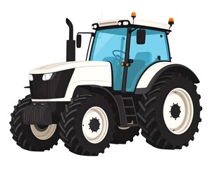 Obraz premium A white and black tractor with a light blue tinted windshield, large tires, and safety lights on top, set against white