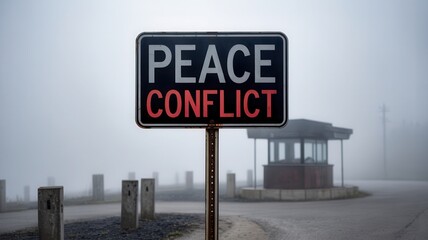 Naklejka premium Peace and conflict sign at border checkpoint in foggy atmosphere