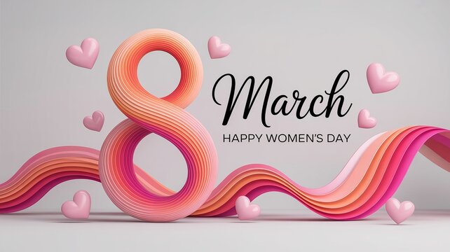 Modern International Women&rsquo;s Day banner with hearts and ribbon 4K Resolution.