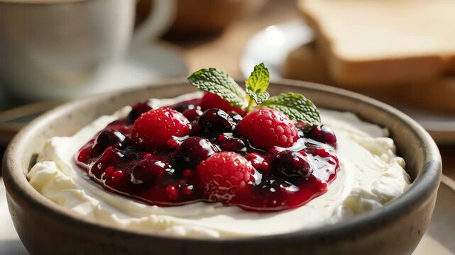 Close up of cream and berry compote pouring over creamy substance