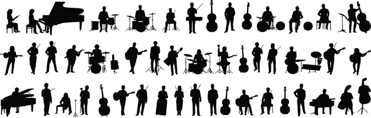 Musician Band Silhouettes Collection, Orchestra Rock Jazz Performers with Instruments Isolated on White Background Vector Set © MDTAHMID