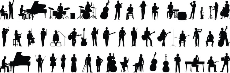 Musician silhouettes collection, orchestra band performers playing instruments, music concert vector illustration isolated on white background © MDTAHMID
