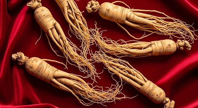 Ginseng Roots on Red Silk.