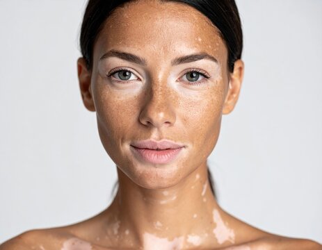 Young woman with vitiligo looks confidently at the camera in a natural studio portrait, showcasing her unique and beautiful skin with depigmentation