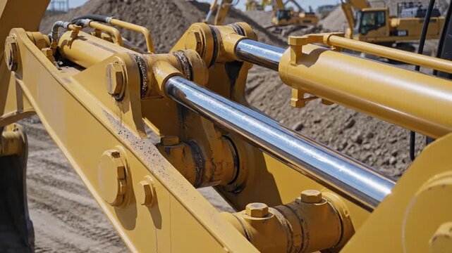 Close-up of powerful hydraulic cylinders on a yellow excavator arm working at a construction site