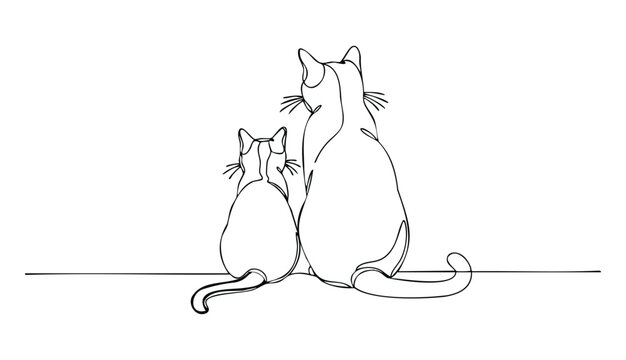 Continuous line art drawing of two domestic cats sitting together, viewed from behind, embodying companionship and simple elegance on a clean background Vector