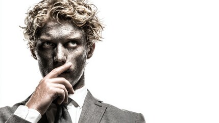 Businessman with artistic black and white face paint in contemplative pose, symbolizing creativity and decision-making in professional or creative industries