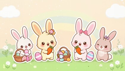Fototapeta premium Set of cute kawaii Easter bunnies with carrot, sweet and egg. Beautiful Kawaii vector illustration for greeting card/poster/sticker. 