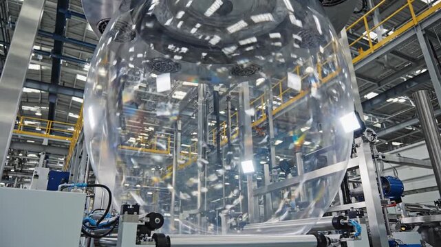 Automated machinery manufacturing transparent plastic film in a modern factory setting.