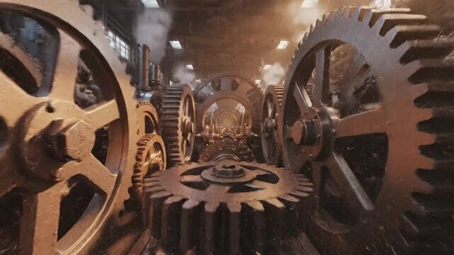 Dynamic view of complex mechanical gears and cogs working together in a vintage industrial
