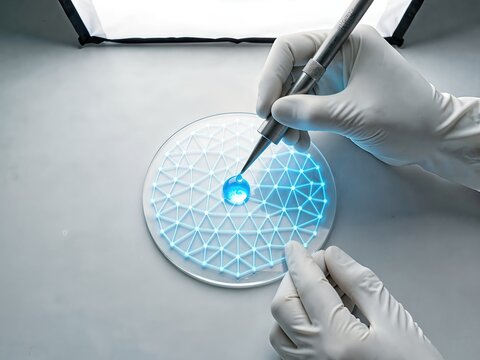 Overhead view of a bio-technician applying a self-assembling biological agent to a data wafer in a futuristic laboratory.