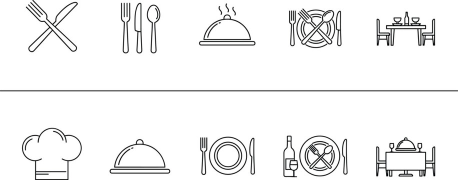 Restaurant Dining Outline Icon Set Featuring Cutlery Cloche Table Setting Chef Hat Wine Bottle and Serving Symbols in Minimal Editable Stroke Vector Illustration Collection