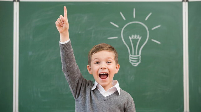 Boy pointing to lightbulb on green chalkboard child boy, child, young, excited, pointing, index finger, lightbulb, chalk green chalkboard, classroom, education, learning, idea, inspiration, chalkboard