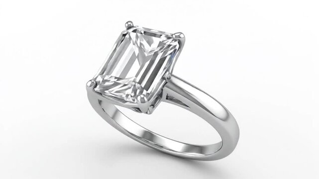 Elegant rectangular cut diamond engagement ring with a polished silver band on a clean white