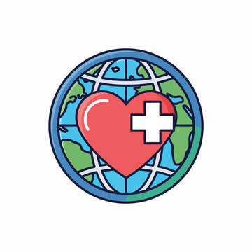 Red Heart with Medical Cross Globe Icon.
