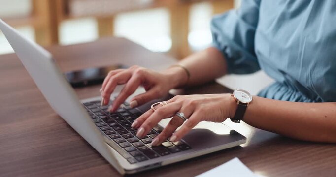 Laptop, typing and hands of business woman in office for account, budget and planning proposal. Market research, online report and review with employee in agency for revenue, profit and funding