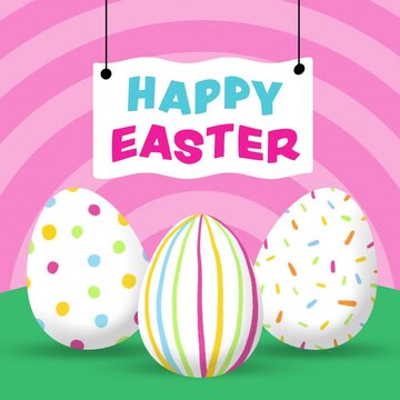 Cartoon Animation of Three Doodle Painted Easter Eggs on Green Ground with Happy Easter Text in Wavy Banner on Radial Striped Pink Background - 4K Square Seamless Loop Video