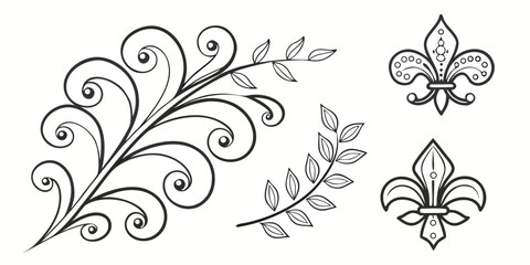 Intricate black and white floral and fleur-de-lis designs on a white background © Mamun