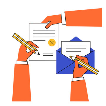 Two hands exchanging a sealed letter and signing document