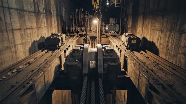 Heavy industrial elevator machinery with thick steel cables and large pulleys operating in a dark