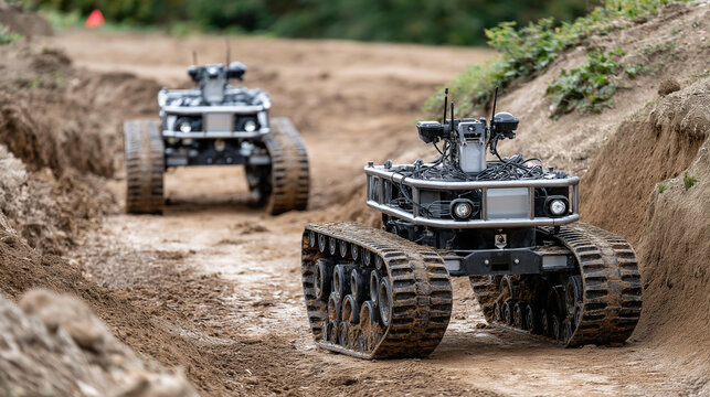 Military robots navigating rough terrain during a tactical field training exercise, autonomous robot training, unmanned ground vehicles terrain navigation, defense robot field test,