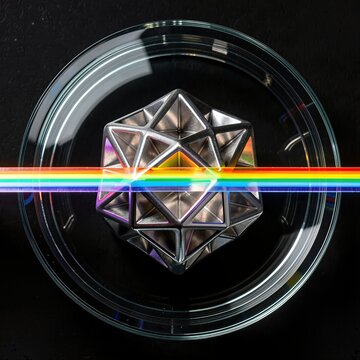 An abstract, hyper-complex manifold representing multi-dimensional data, hermetically sealed in a glass vacuum chamber and analyzed by a band of spectroscopic light.