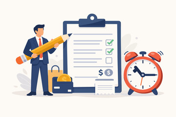 Businessman holding large pencil to check off bill payment list on clipboard with alarm clock, wallet, and credit card for financial management, expense tracking, and budget planning concept. © Jannatul Wahid