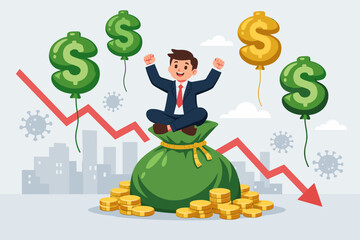 Successful businessman sitting on a large money bag with gold coins and dollar balloons amidst a falling red arrow graph and coronavirus icons, representing profit during a financial crisis. © Jannatul Wahid