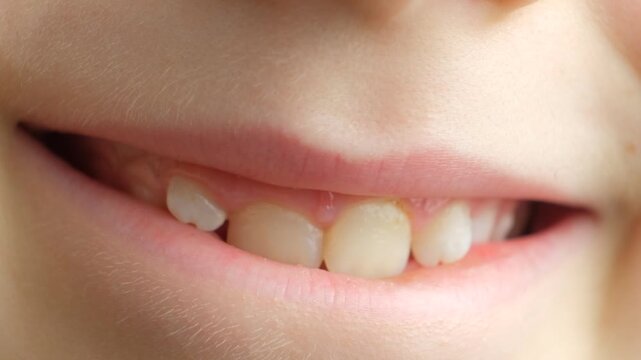 Smile of a child with crooked permanent teeth, crowded teeth, pediatric dentistry