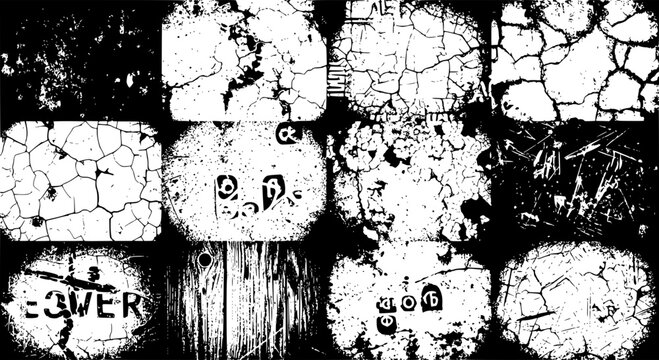 Bricks cracked and weathered with black background and white patches, showing signs of decay and neglect over time with visible damage