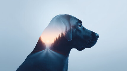 Fototapeta premium Double exposure dog silhouette, a thoughtful black labrador head blended with a serene forest road at sunset, representing a journey.