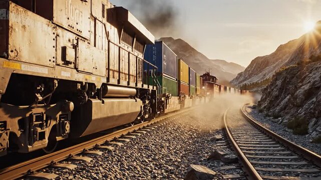 A powerful freight train with colorful cargo containers travels through a scenic mountain valley