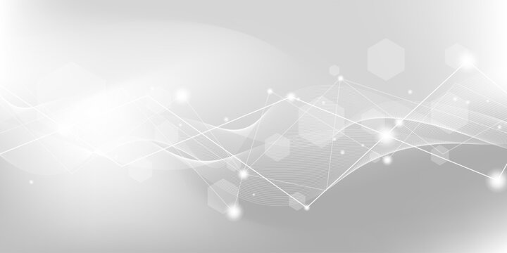 White grey background of science technology concept with connection lines, light particles and hexagon shapes. For clean digital network, modern medical science, presentation, poster, banner