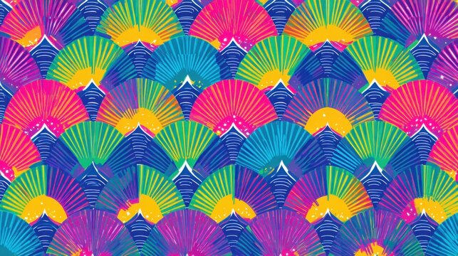 abstract wagara pattern background, bold multicolor asanoha and seigaiha inspired elements, bright neon tones, symmetrical composition, decorative