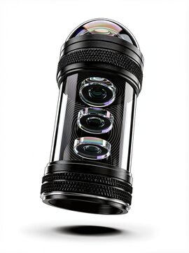 Futuristic Macro Camera Lens with Transparent Crystal Barrel Floating Isolated on White Background with Dramatic Rim Lighting