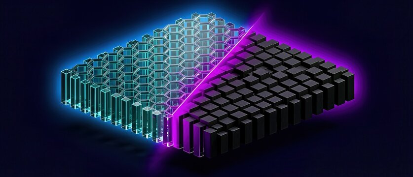 Futuristic Data Compression Artifact Visualization Lattice Bisected by Analysis Beam in Digital Void